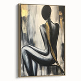 Abstract figurative framed canvas artwork in gold, showcasing a modern design with intricate details and vibrant colors, ideal for contemporary home decor.