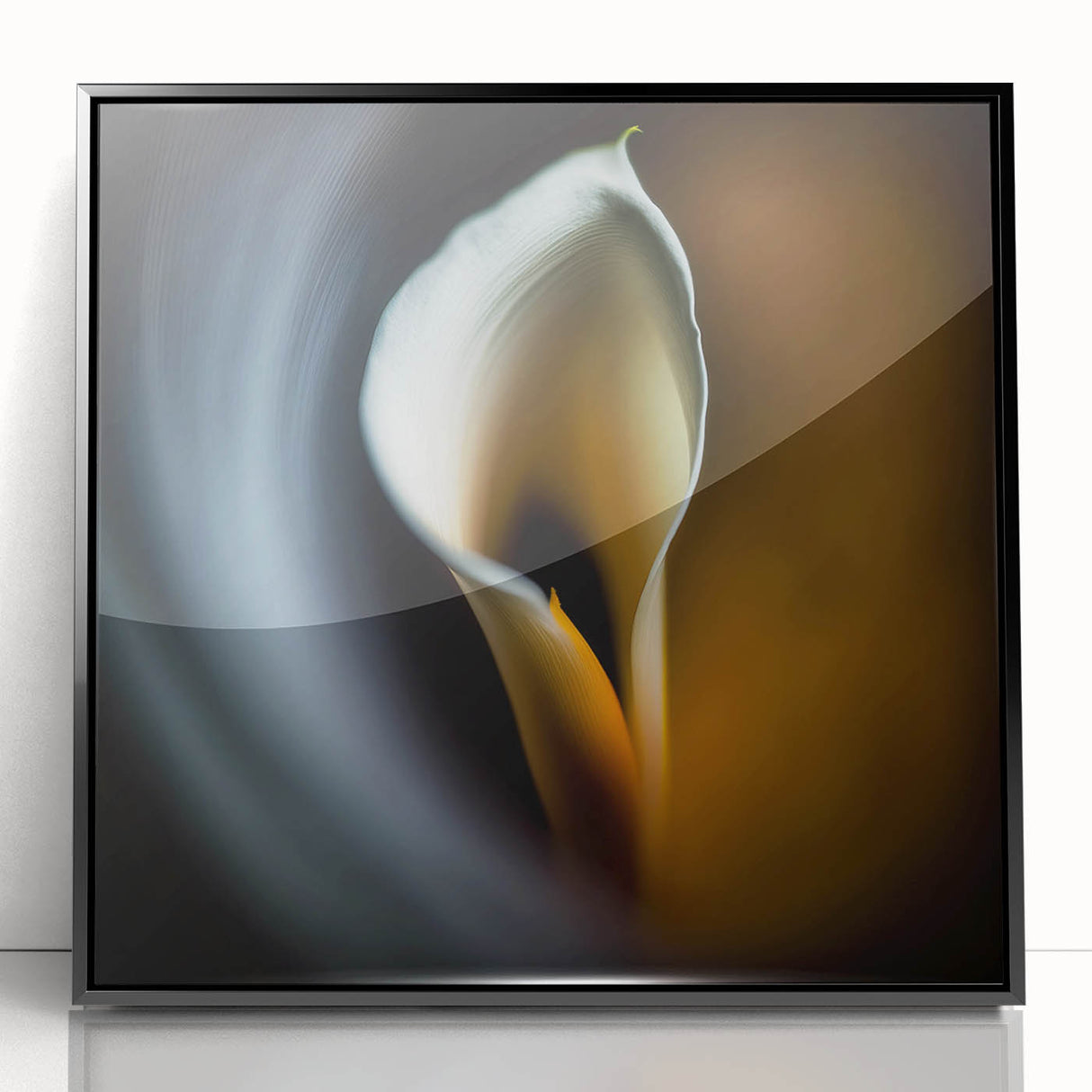 Framed abstract floral wall art featuring vibrant colors and intricate designs, showcasing a black acrylic frame that enhances its modern aesthetic. Perfect for home decor.