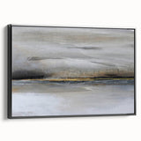 Framed black abstract landscape wall art featuring soft, flowing shapes and muted colors, ideal for modern home decor, displayed from a side view.