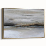 Framed abstract landscape wall art featuring a gold accent, showcasing a modern design with vibrant colors and textures, ideal for contemporary home decor.