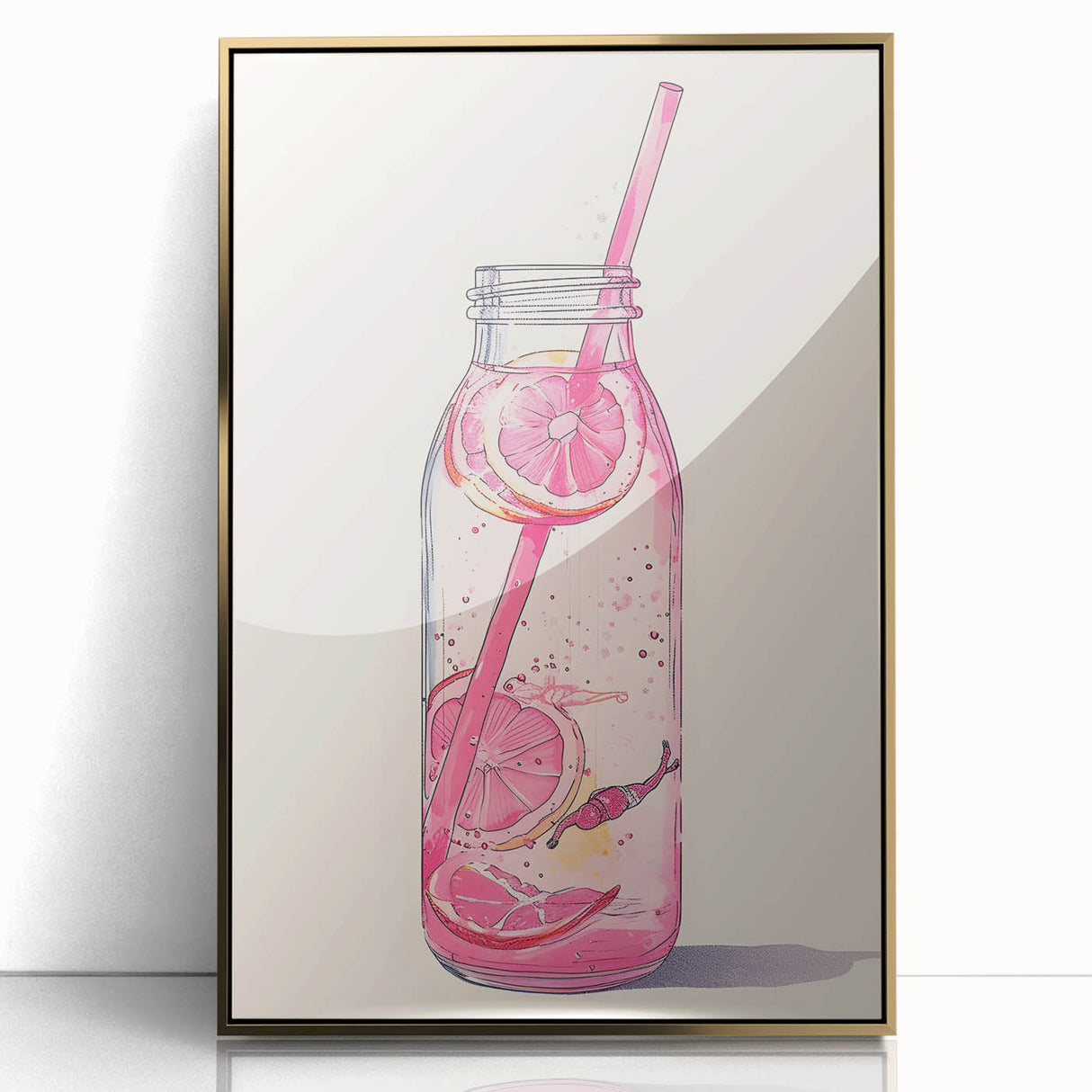 Art deco poster of food and drinks, framed in acrylic with gold details, suitable for modern kitchen decor.