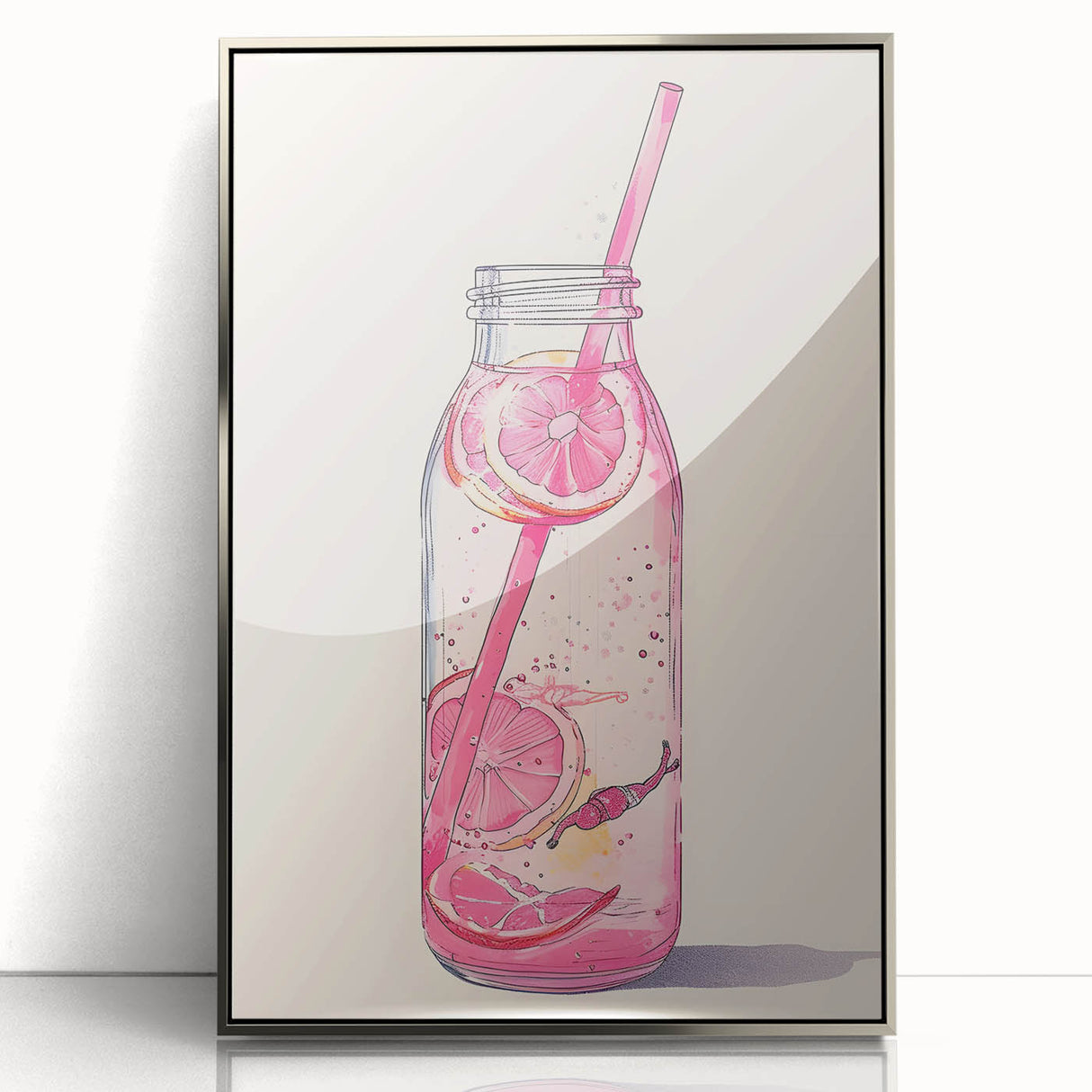 Large art print of colorful fruits and beverages in a mid-century modernist style, framed in silver acrylic.
