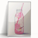 Mid-century modernist art depicting various fruits and drinks in pastel shades on a white acrylic framed poster.