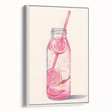 Vintage poster art of colorful food and drinks on a white framed canvas, ideal for living room decor.