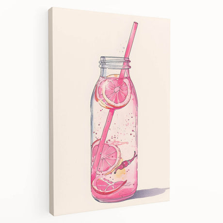 Large stretched canvas featuring a colorful illustration of assorted fruits and vegetables, ideal for kitchen wall art.