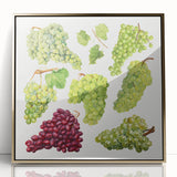 Large art print of assorted colorful fruits in a mid-century modernist style, framed in gold acrylic.