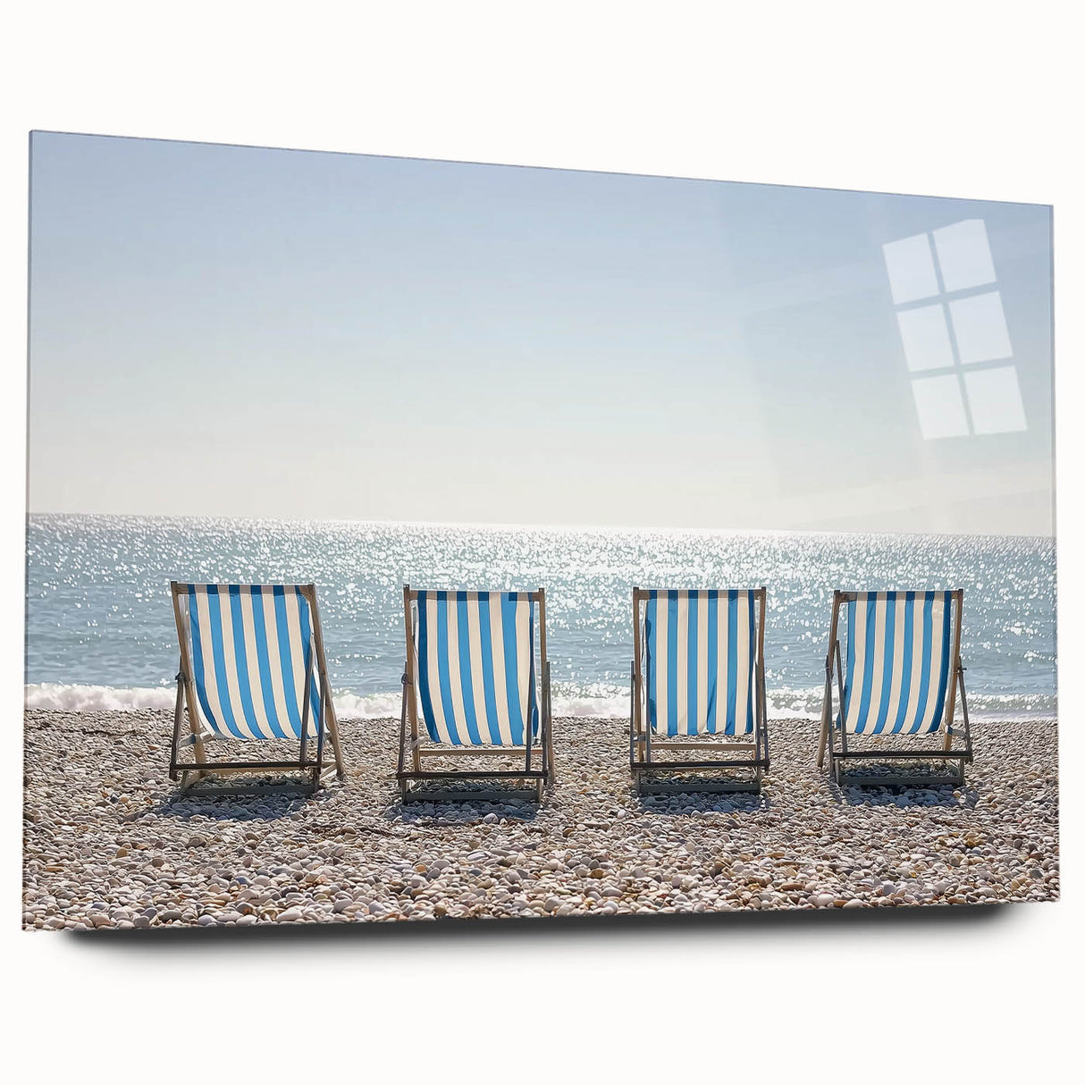 Acrylic landscape artwork of a serene beach scene, showcasing vibrant colors and detailed textures, presented in a side view without pins, perfect for home decor.