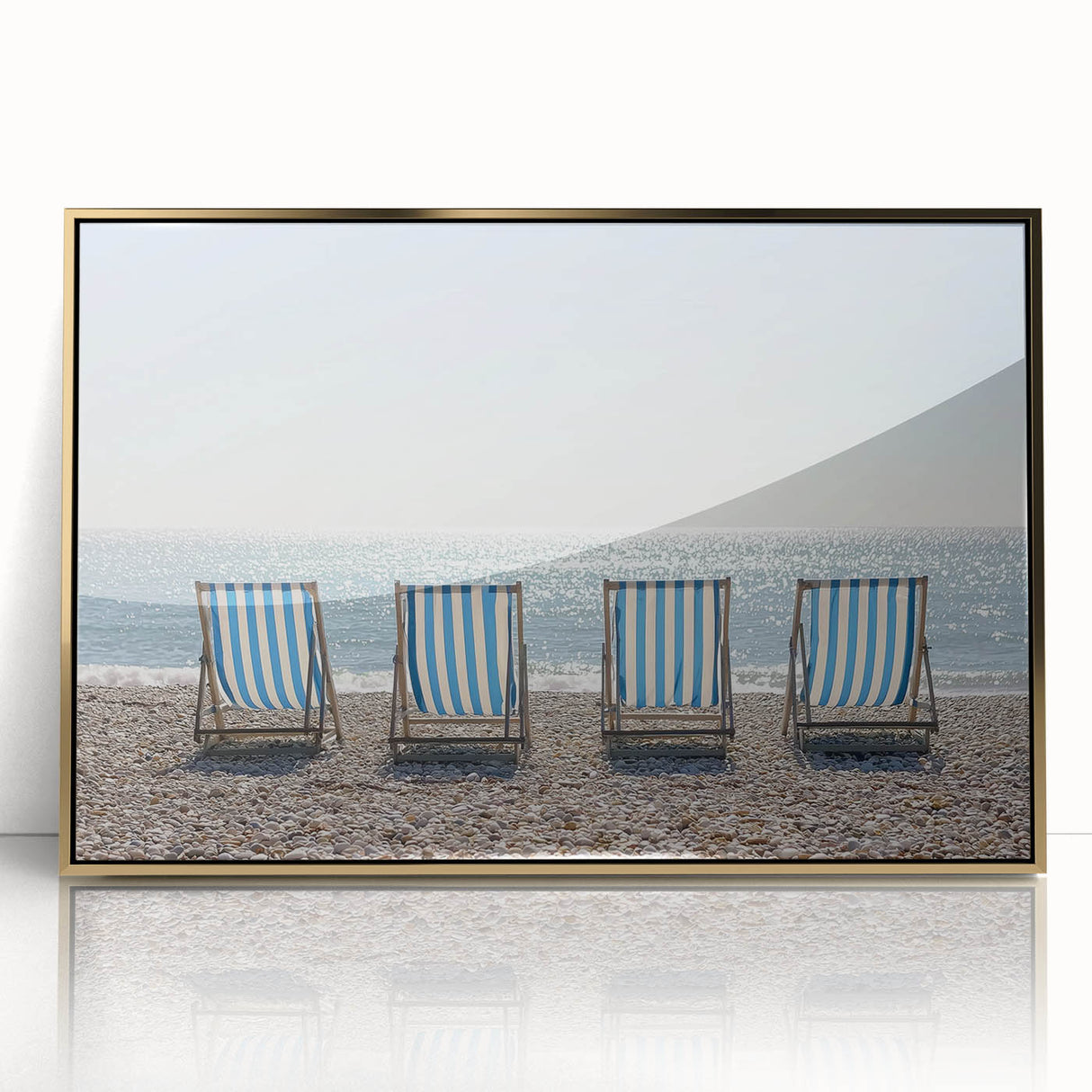 Framed acrylic artwork showcasing a serene beach landscape with golden accents, perfect for home decor. Ideal for enhancing coastal-themed interiors.