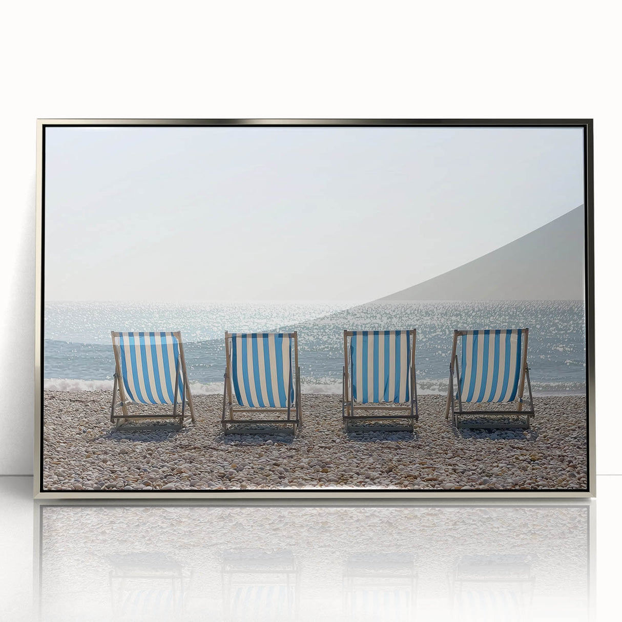 Framed acrylic artwork showcasing a serene beach landscape with vibrant colors and a silver border, perfect for enhancing modern home decor and coastal themes.