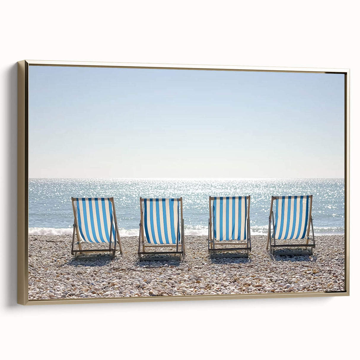 Framed canvas artwork depicting a serene beach landscape with golden accents, showcasing vibrant colors and intricate details, ideal for enhancing home decor.
