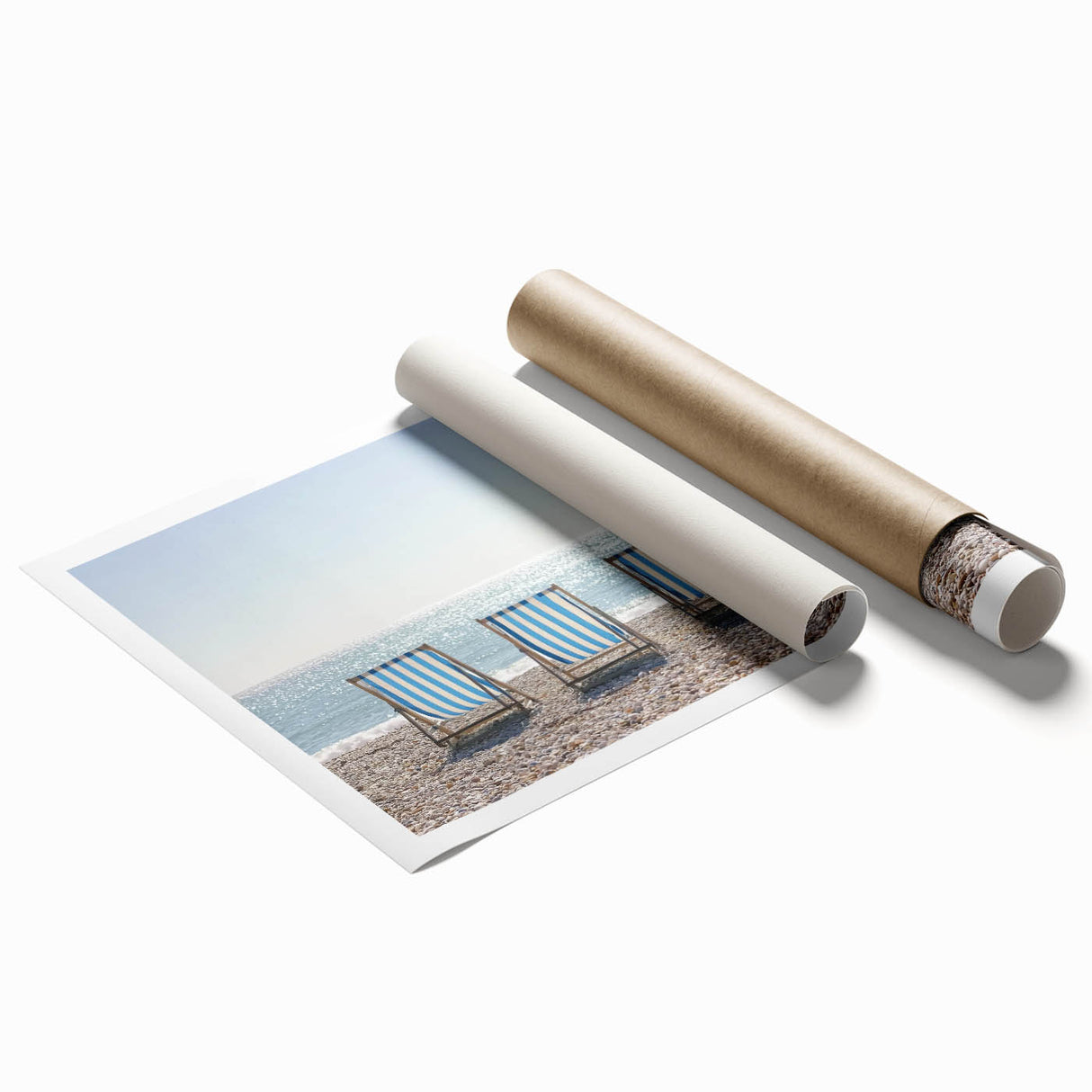 Beautiful landscape print showcasing serene beaches with gentle waves and soft sand, rolled for easy shipping in a protective cardboard tube, perfect for home decor.