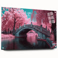 Acrylic glass side view of a modern landscape bridge design, showcasing intricate details and structure, supported by visible pins for stability. The artwork highlights vibrant colors and a sleek finish, ideal for contemporary decor.