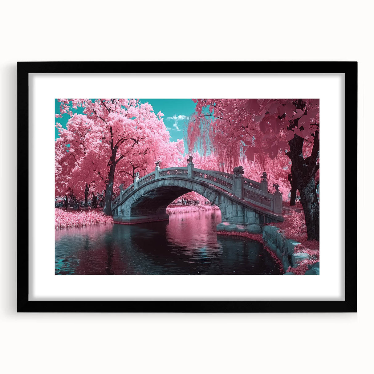 Black landscape bridge frame with mat, showcasing a sleek front view. Ideal for displaying artwork or photographs, enhancing modern decor with its elegant design.