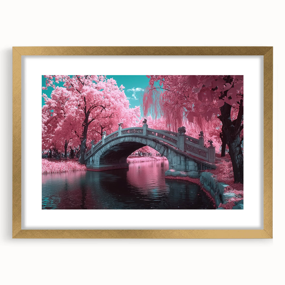 Landscape bridge frame with a gold mat, showcasing intricate design details and a sleek front view, perfect for enhancing home decor or gallery displays.