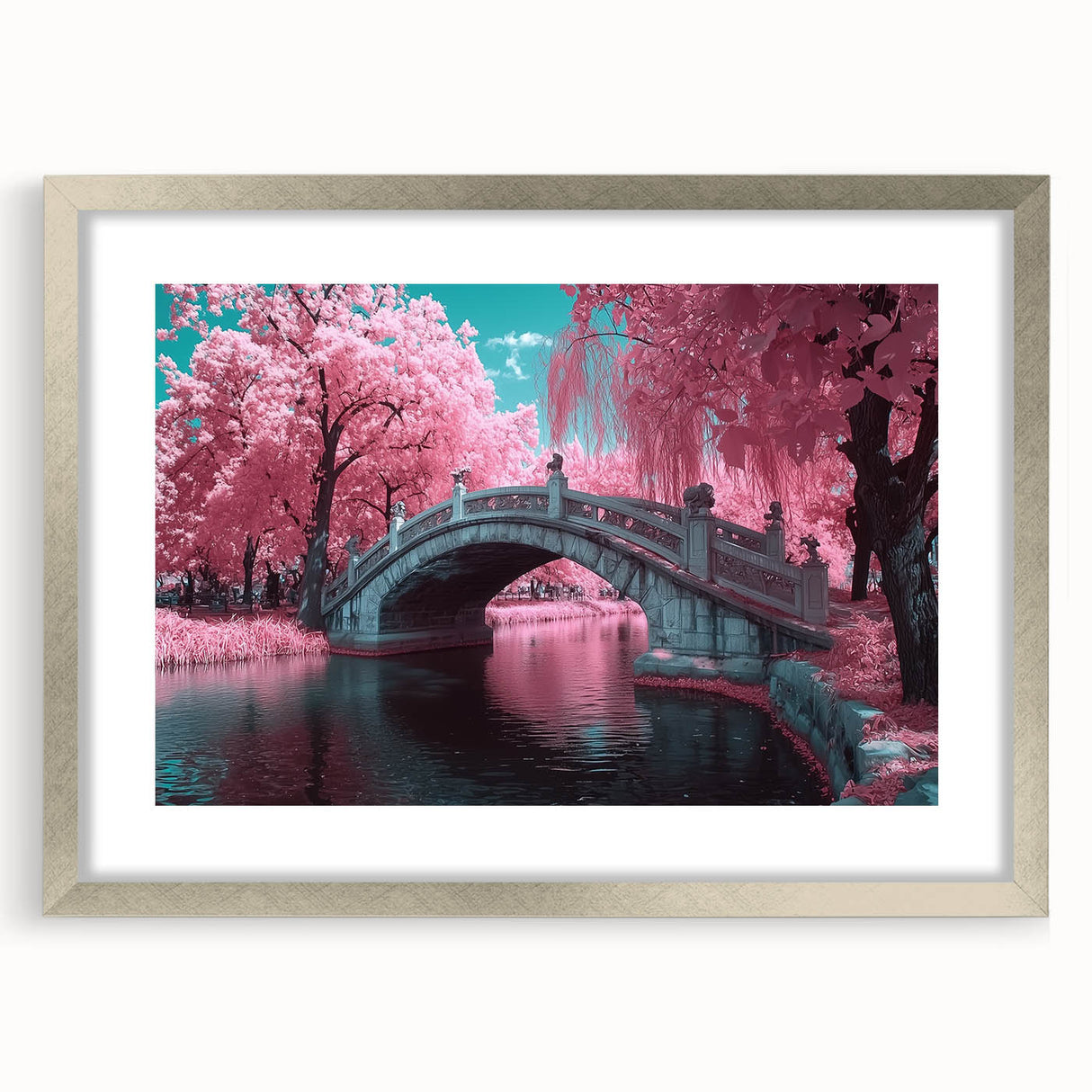 Landscape bridge frame with silver matting, showcasing a front view of a scenic artwork ideal for home decor. Perfect for adding elegance to your living space.