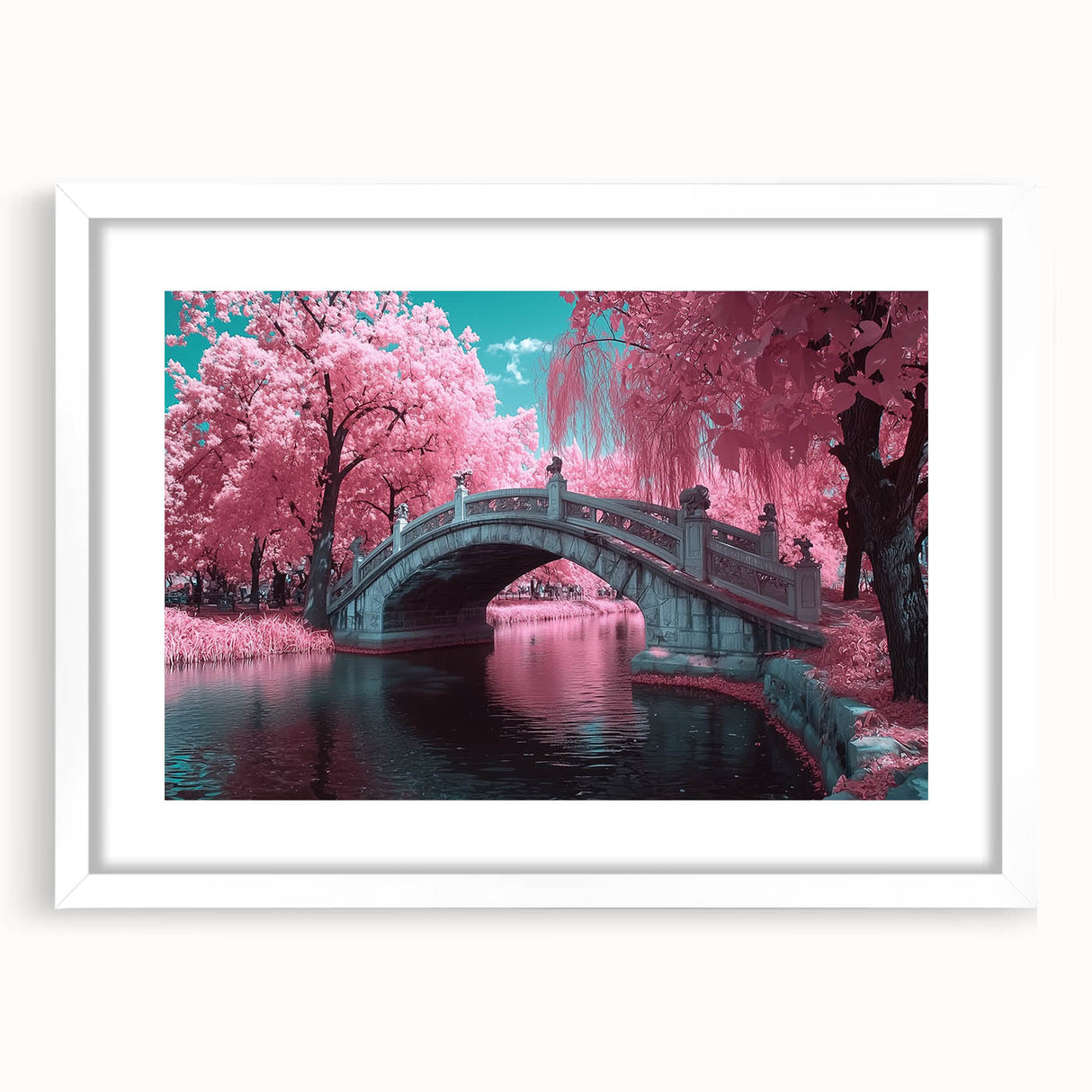 Landscape bridge frame with a white mat, showcasing a minimalist design and elegant finish, ideal for enhancing modern home decor or gallery displays.