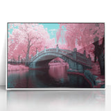 Framed acrylic landscape artwork depicting a serene bridge scene, showcasing vibrant colors and fine details. Ideal for enhancing modern home decor with a nature-inspired aesthetic.