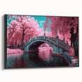 Framed canvas art depicting a landscape bridge in a natural setting, featuring vibrant colors and detailed textures, perfect for home decor.