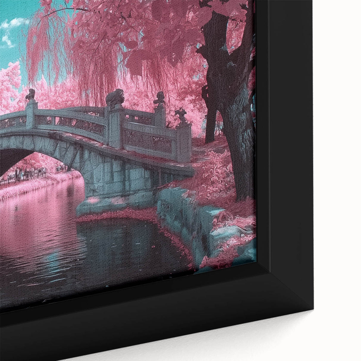 Close-up view of a framed landscape bridge canvas artwork, showcasing intricate details and vibrant colors, perfect for enhancing home decor with nature-inspired themes.