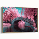 Framed canvas artwork depicting a stunning landscape bridge with golden accents, showcasing intricate details and vibrant colors, perfect for enhancing home decor.