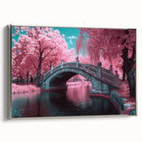 Framed canvas artwork showcasing a landscape view of a bridge with silver accents, emphasizing intricate details and vibrant colors, perfect for home decor.