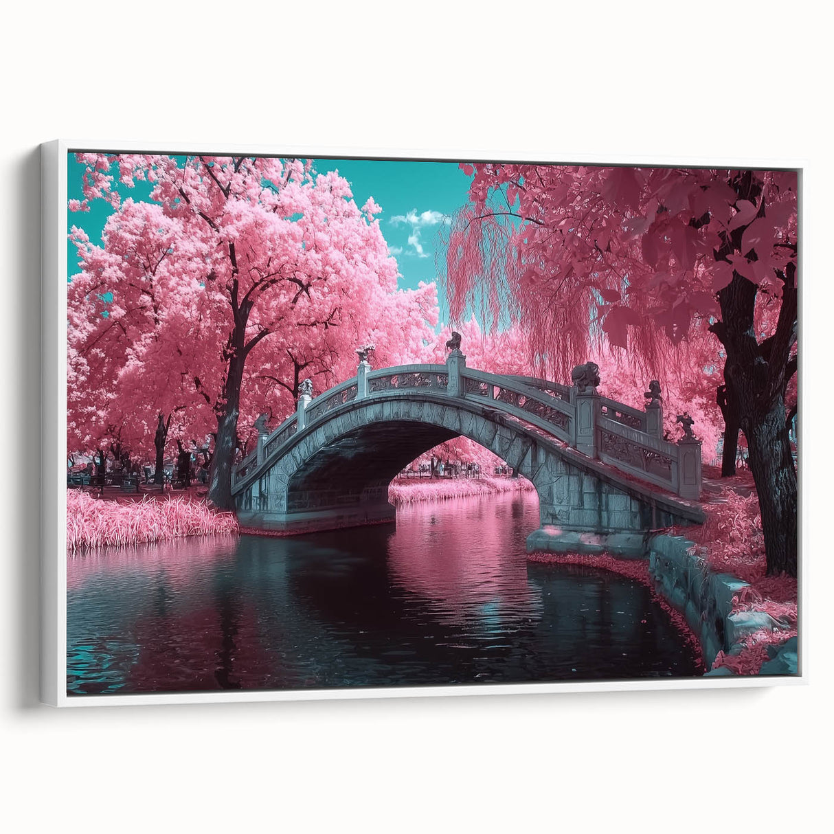 Framed canvas artwork showcasing a serene landscape bridge scene, with a white frame and vibrant colors, perfect for enhancing home décor and adding a tranquil vibe.