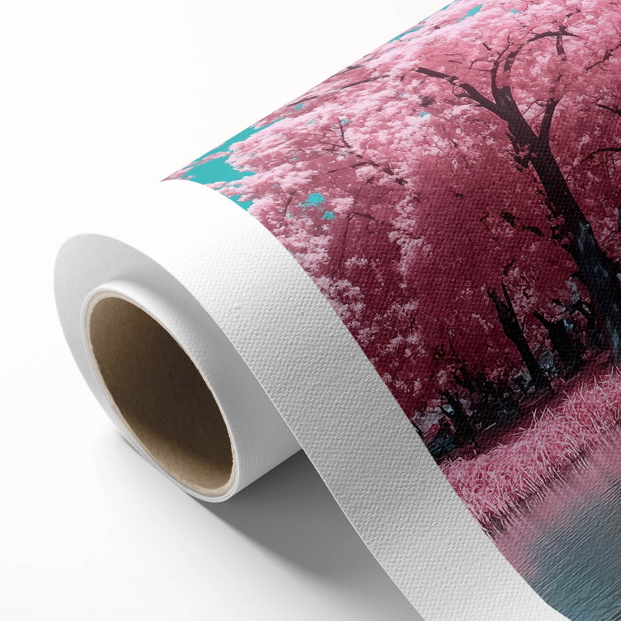Rolled canvas showcasing a vibrant landscape bridge design, featuring lush green foliage and a serene river scene, packaged securely in a protective cardboard tube for safe shipping. Perfect for adding a touch of nature-inspired art to any living space.