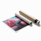 Rolled print showcasing a beautiful landscape bridge design with vibrant colors and intricate details, packaged securely in a protective cardboard tube for safe delivery.