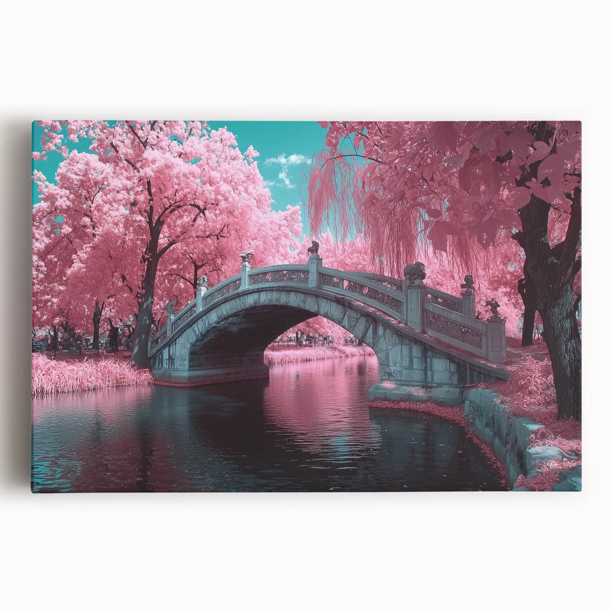 Colorful stretched canvas artwork depicting a scenic landscape of a bridge over a serene body of water, perfect for home decor or art enthusiasts.