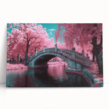 Stretched canvas artwork depicting a serene landscape bridge scene, showcasing vibrant colors and intricate details, perfect for home decor.