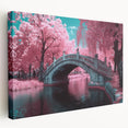 Landscape view of a stretched canvas showcasing a serene bridge over a tranquil river, surrounded by lush greenery, ideal for nature-themed home decor.