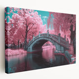 Landscape view of a stretched canvas showcasing a serene bridge over a tranquil river, surrounded by lush greenery, ideal for nature-themed home decor.