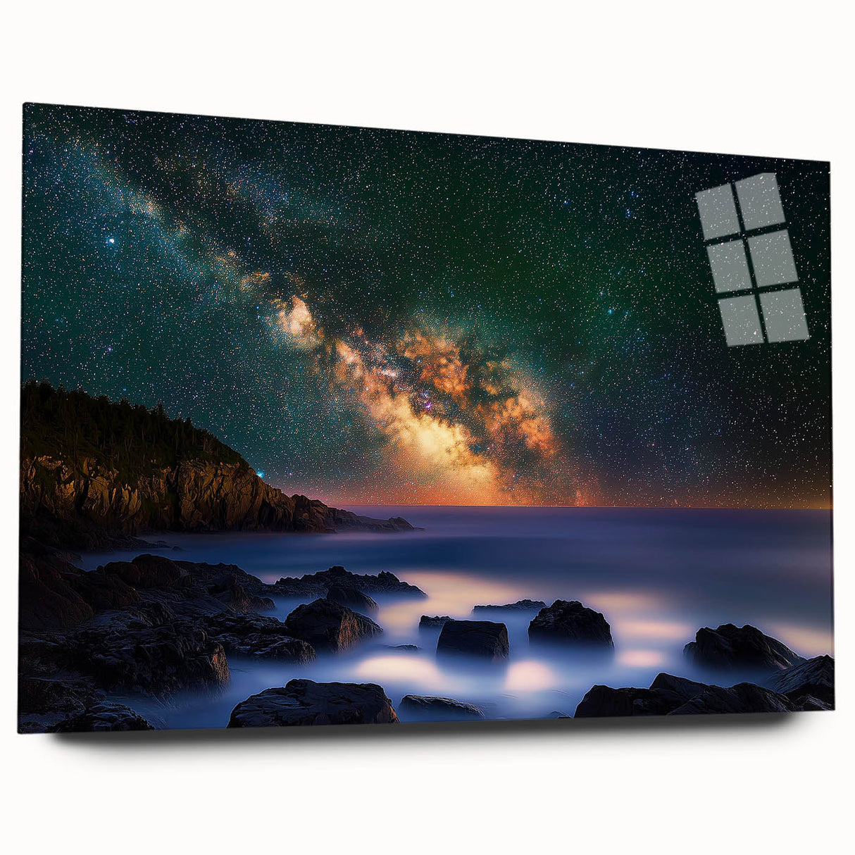 Acrylic wall art featuring a vibrant landscape with cliffs and a serene sky, displayed in a sleek glass frame, perfect for modern home decor.