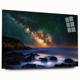 Acrylic wall art featuring a vibrant landscape with cliffs and a serene sky, displayed in a sleek glass frame, perfect for modern home decor.