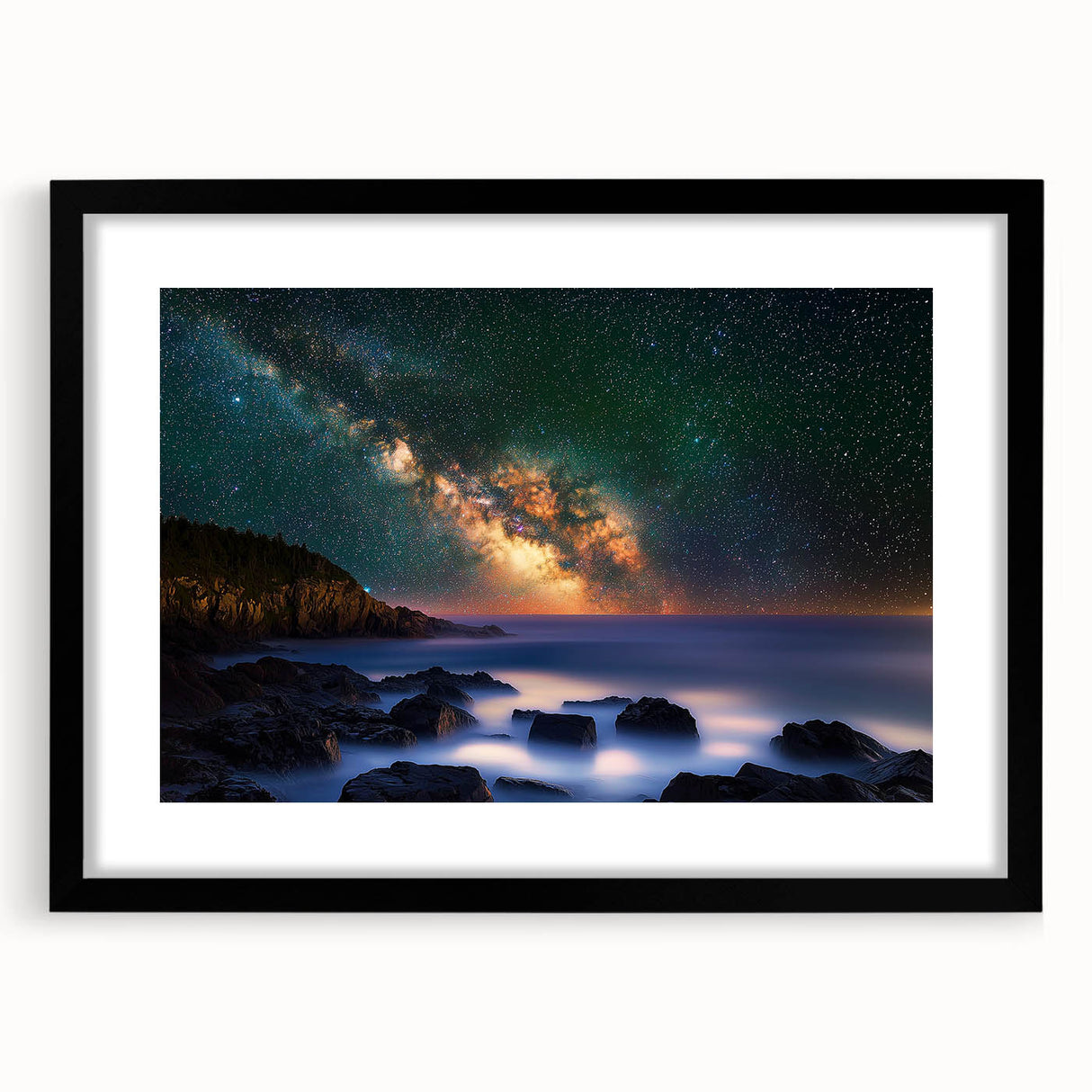 Black-framed landscape artwork featuring dramatic cliffs and a serene sky, matted for an elegant presentation, ideal for enhancing modern home decor.