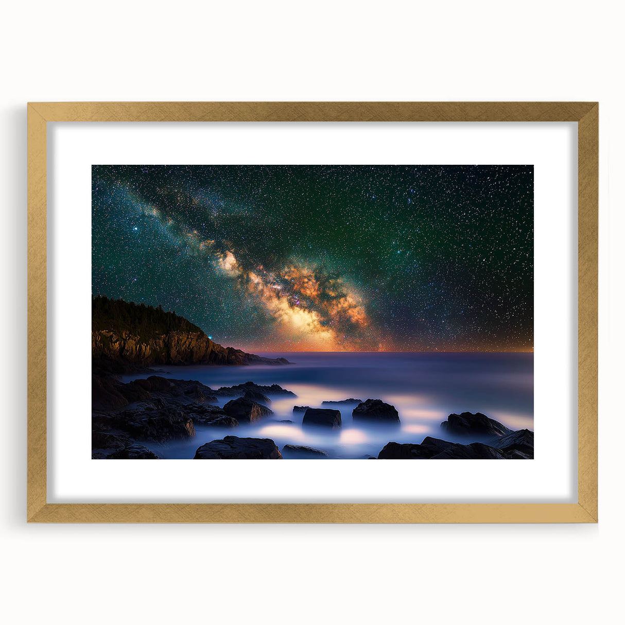 Elegant gold-framed landscape artwork showcasing dramatic cliffs and serene skies, perfect for enhancing home decor with a touch of sophistication and nature's beauty.