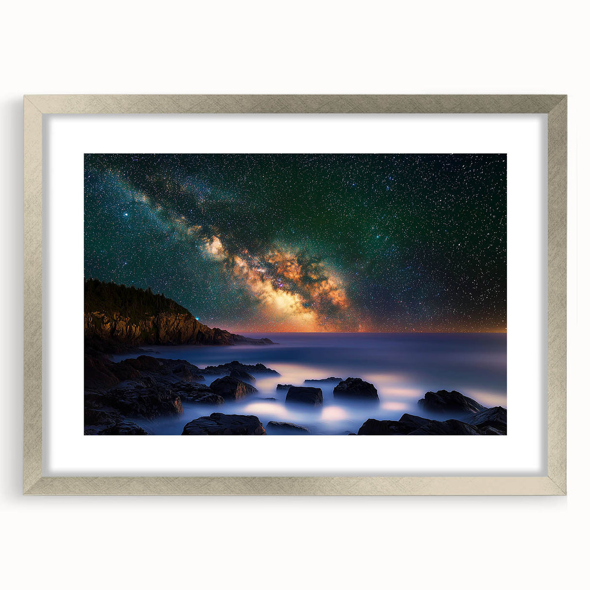 Silver-framed landscape artwork depicting majestic cliffs, elegantly matted for enhanced presentation, perfect for home decor or office enhancement.