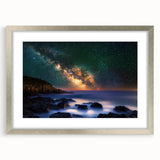 Silver-framed landscape artwork depicting majestic cliffs, elegantly matted for enhanced presentation, perfect for home decor or office enhancement.
