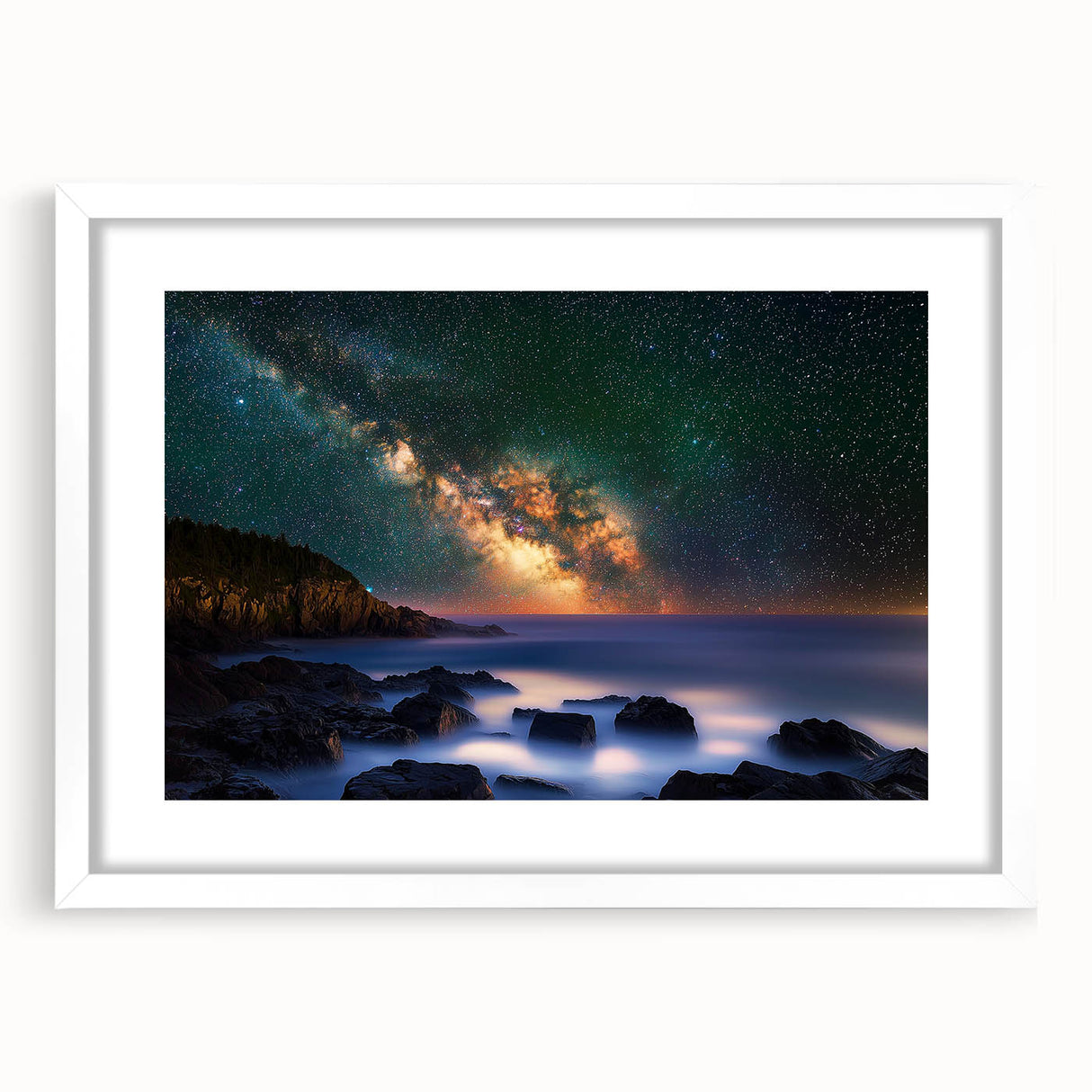 Elegant white-framed landscape artwork showcasing dramatic cliffs and serene ocean waves, perfect for home decor. Ideal for nature lovers seeking tranquility.