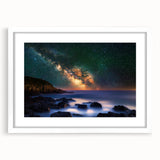 Elegant white-framed landscape artwork showcasing dramatic cliffs and serene ocean waves, perfect for home decor. Ideal for nature lovers seeking tranquility.