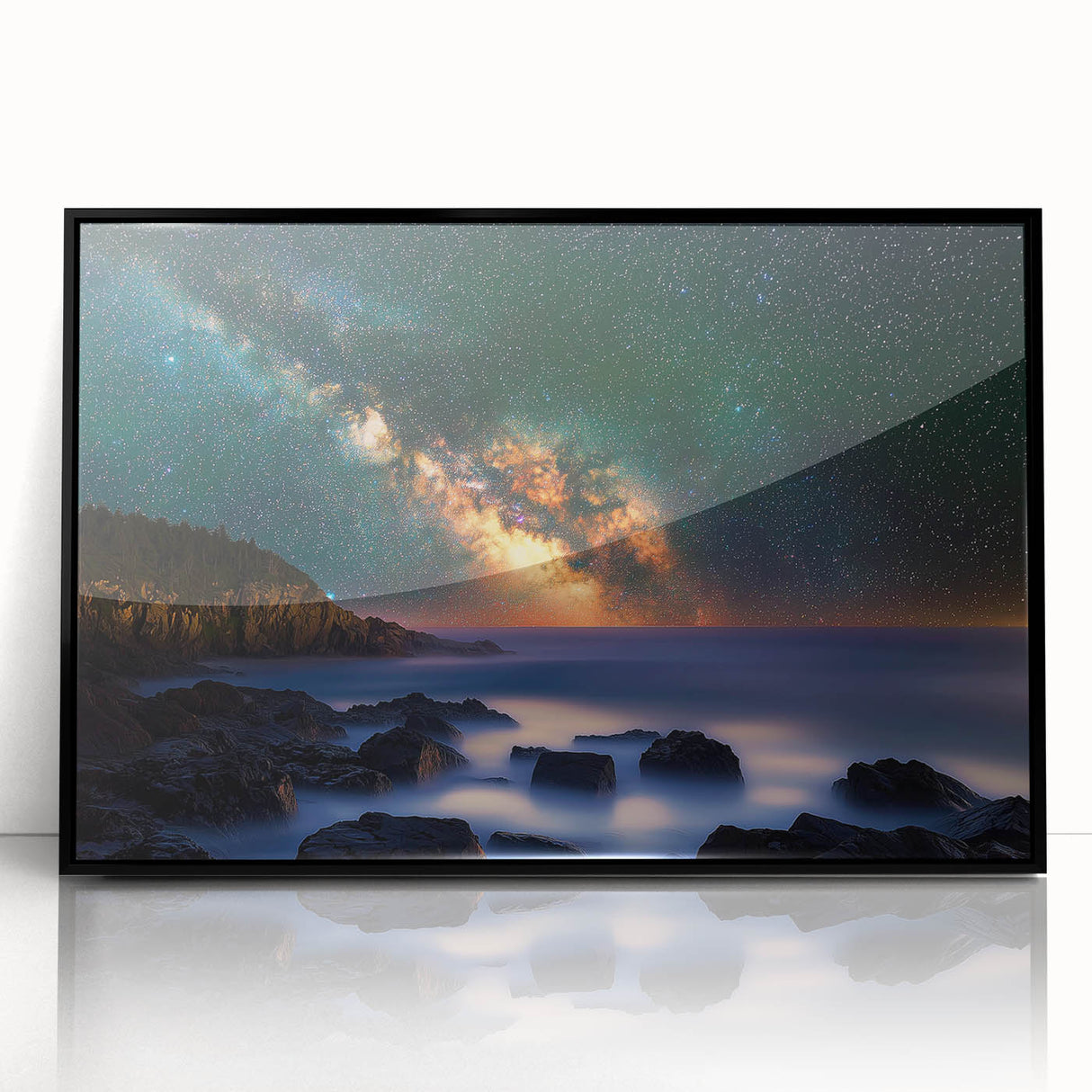 Framed acrylic artwork showcasing a dramatic cliff landscape in vibrant colors, set against a sleek black frame, perfect for modern home decor and art enthusiasts.