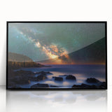 Framed acrylic artwork showcasing a dramatic cliff landscape in vibrant colors, set against a sleek black frame, perfect for modern home decor and art enthusiasts.
