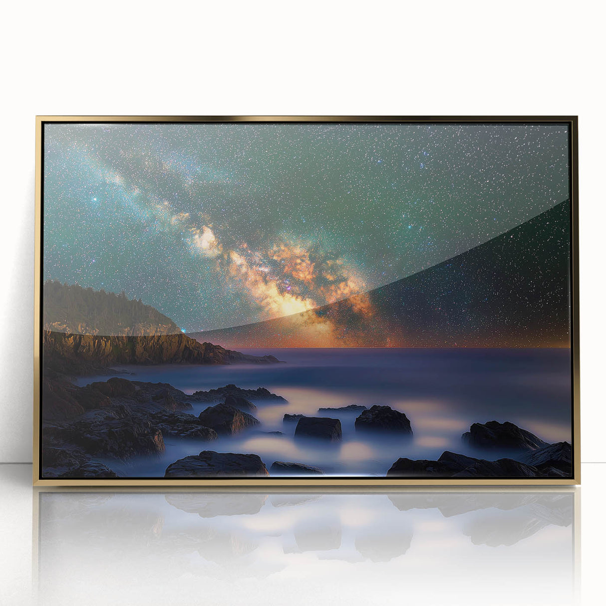 Framed acrylic artwork depicting a stunning landscape of majestic cliffs bathed in golden sunlight, perfect for enhancing home decor with nature-inspired elegance.