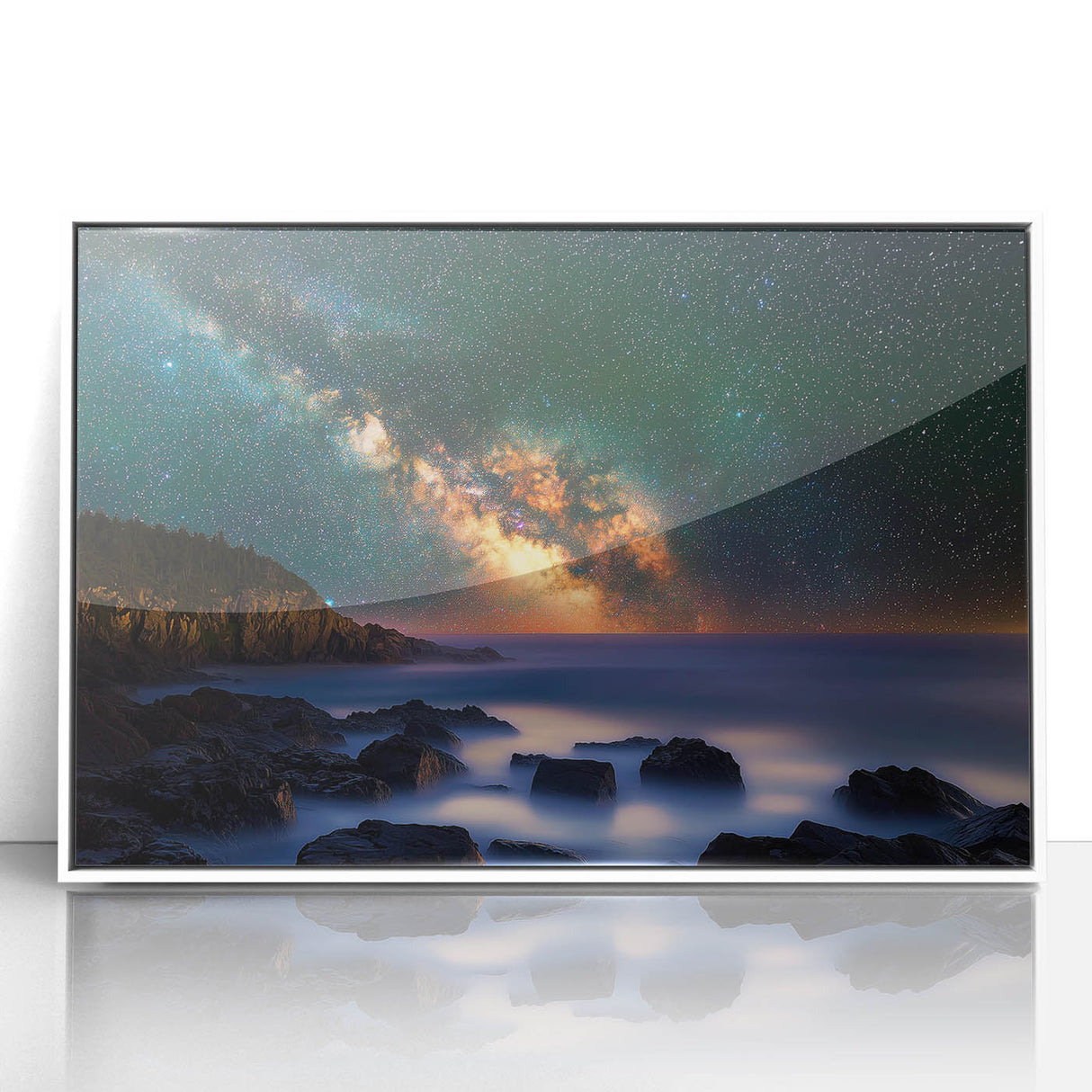 Framed acrylic artwork displaying a stunning landscape of cliffs against a vibrant sky, showcasing intricate details and rich colors, perfect for modern home decor.