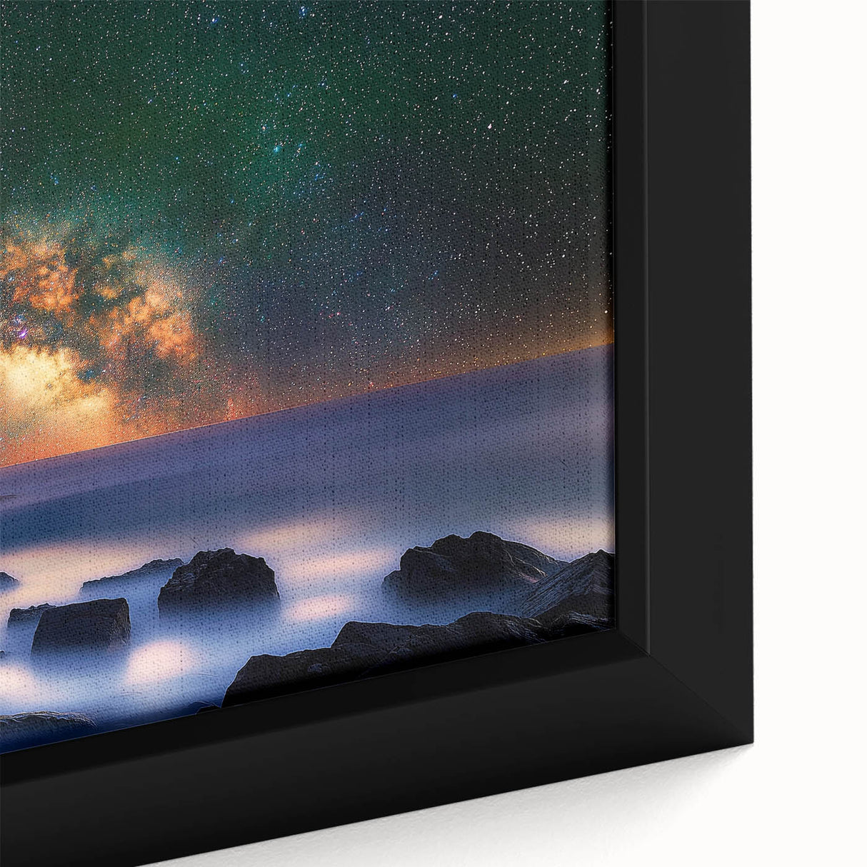 Close-up view of a framed canvas showcasing a stunning landscape of majestic cliffs, with vibrant colors that highlight the natural beauty and intricate details of the scenery, perfect for home decor.