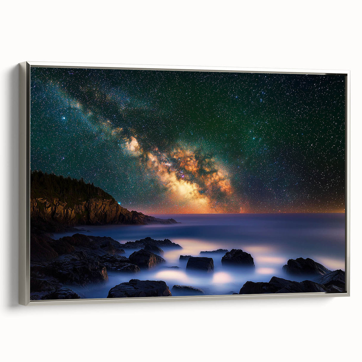 Framed canvas artwork depicting a serene landscape of cliffs with vibrant colors and silver accents, showcasing natural beauty in a modern setting.