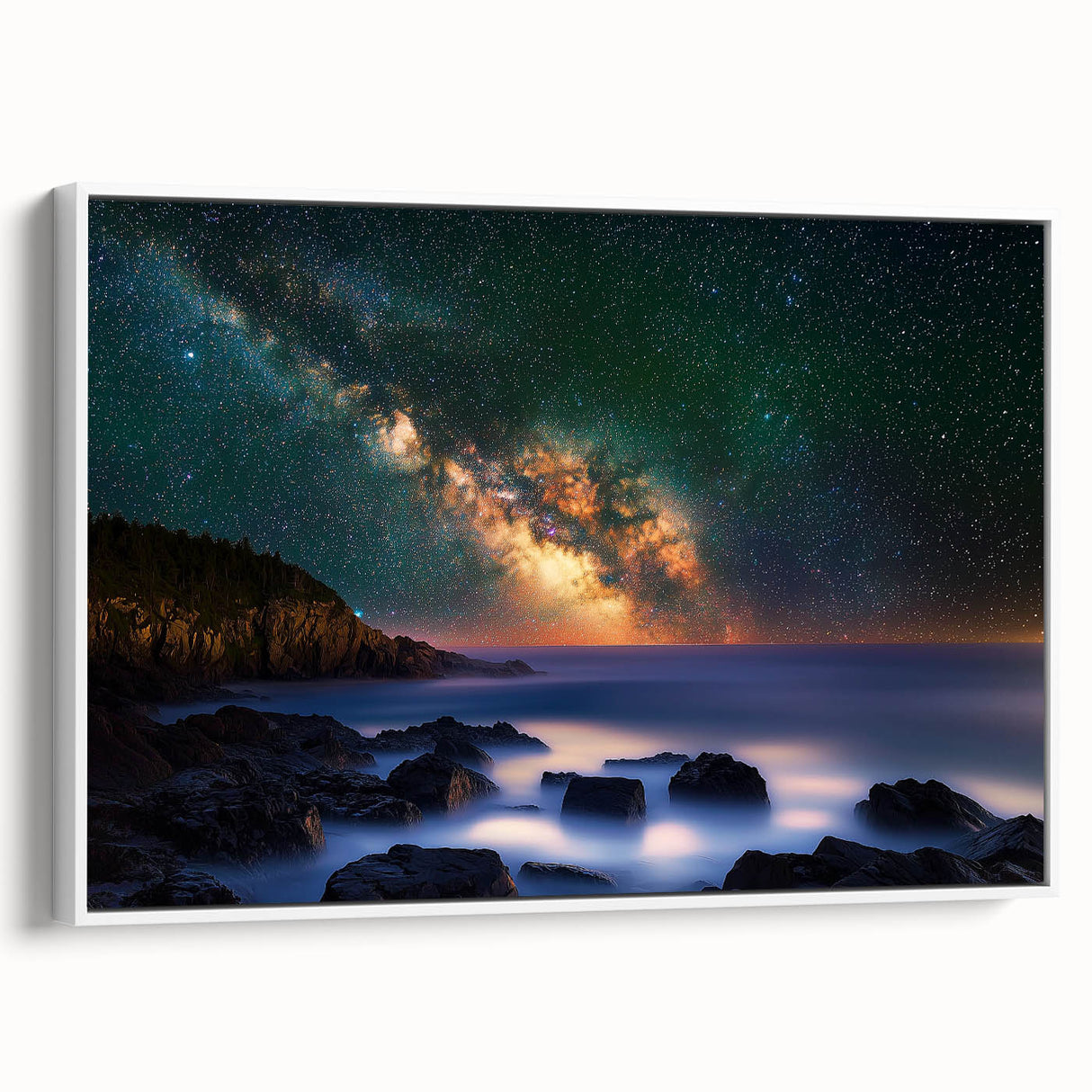 Framed canvas artwork depicting a stunning cliff landscape with vibrant colors, elegantly displayed against a white wall, enhancing modern decor aesthetics.