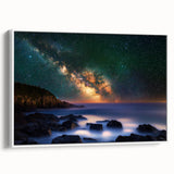 Framed canvas artwork depicting a stunning cliff landscape with vibrant colors, elegantly displayed against a white wall, enhancing modern decor aesthetics.