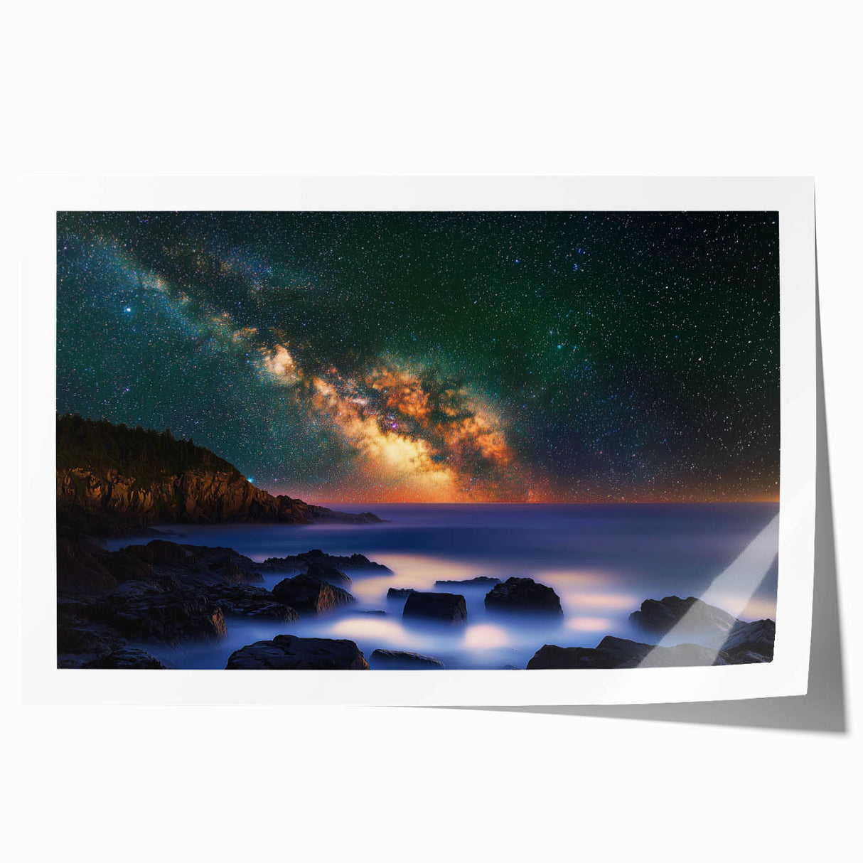 Stunning landscape print showcasing dramatic cliffs against a vibrant sunset, rolled for easy shipping and displayed in a protective cardboard tube, perfect for home decor.
