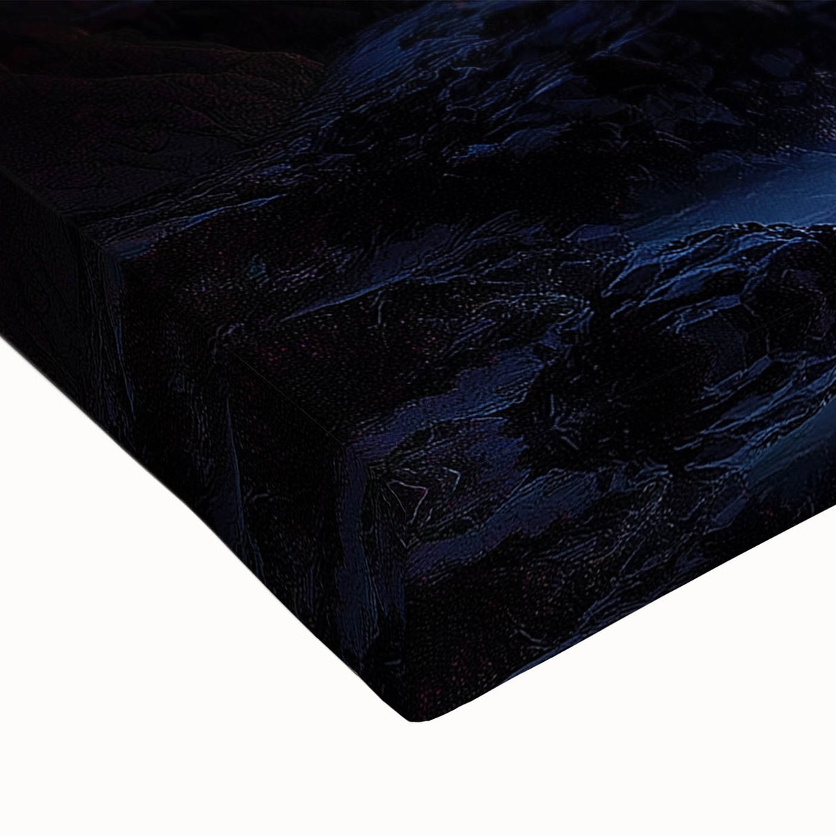 Close-up of a stretched canvas depicting dramatic cliffs and serene landscapes, highlighting intricate details and vibrant colors, ideal for nature-inspired decor.